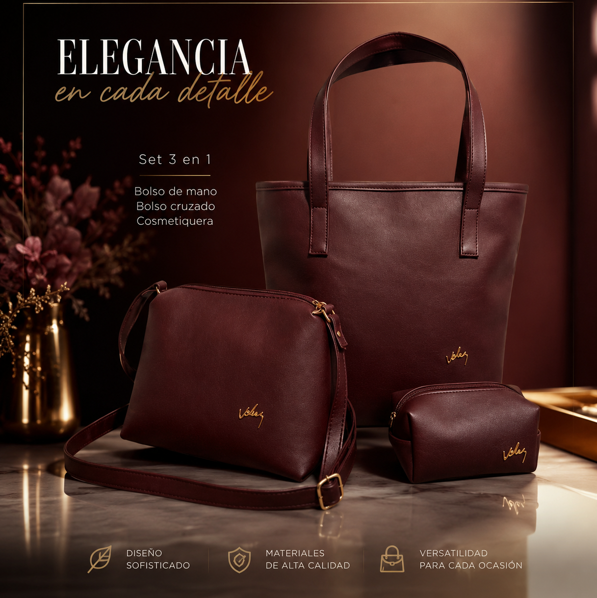 Vélez Trío de Bolsas Femininas em Couro Legítimo