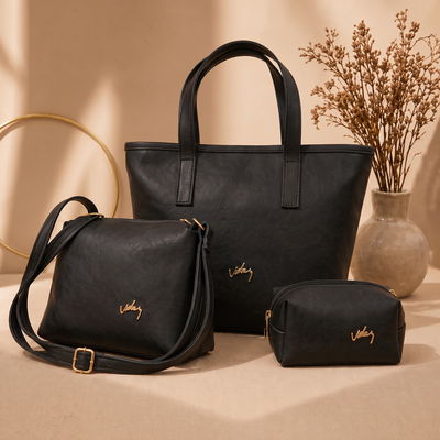 Trío de Bolsos Vélez en Cuero Legítimo – Set 3 en 1 (Bolso, Carriel y Cosmetiquera)